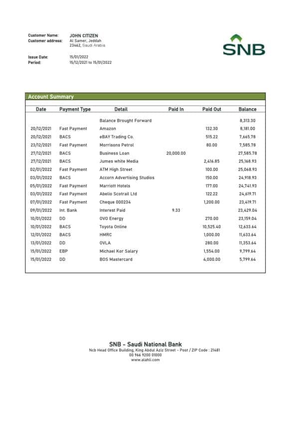 Saudi Arabia SNB bank statement template in Word and PDF format