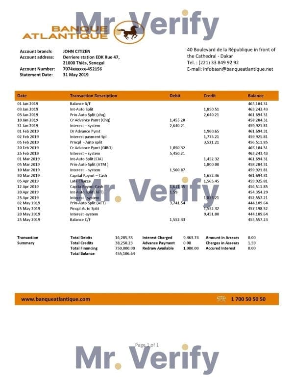 Senegal Banque Atlantique bank statement easy to fill template in Word and PDF format