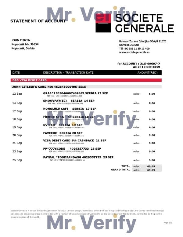 Serbia Societe Generale bank proof of address statement template in Word and PDF format