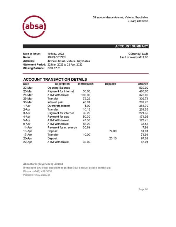 Seychelles ABSA bank statement, Excel and PDF template