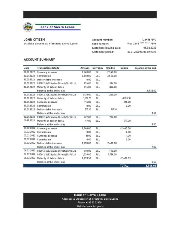 Sierra Leone Bank of Sierra Leone bank statement, Excel and PDF template