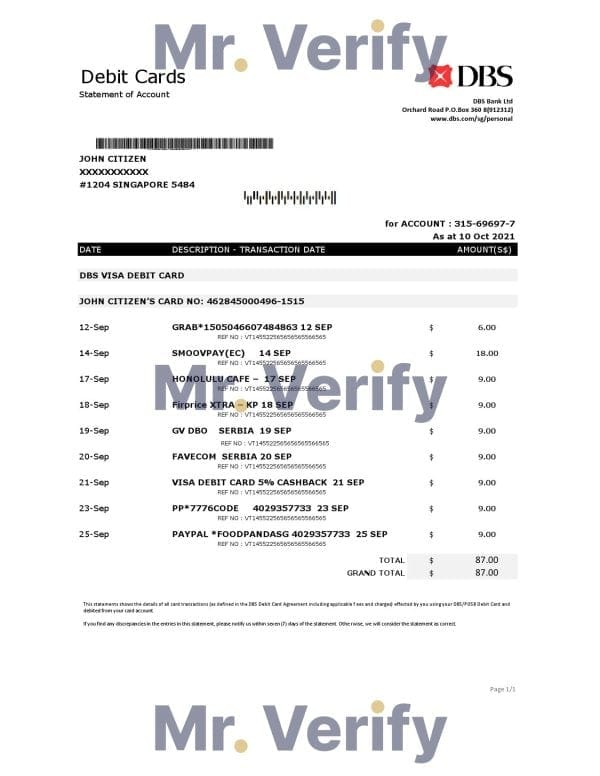 Singapore DBS bank proof of address statement template in .xls and .pdf format
