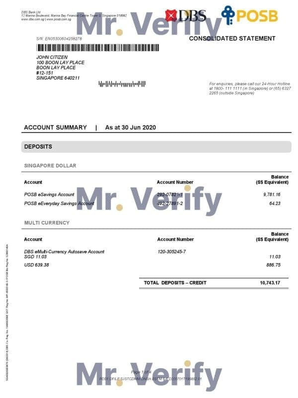 Singapore DBS bank proof of address statement template in Word and PDF format, 4 pages