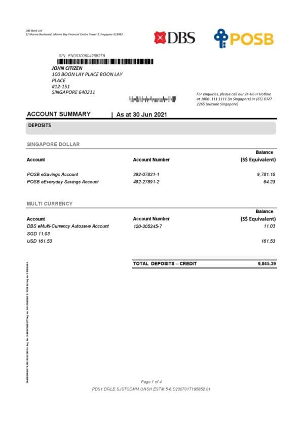 Singapore DBS bank proof of address statement template in Excel and PDF format, 4 pages