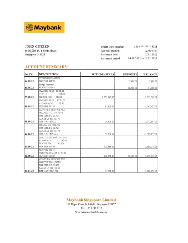 Singapore Maybank bank statement, Excel and PDF template