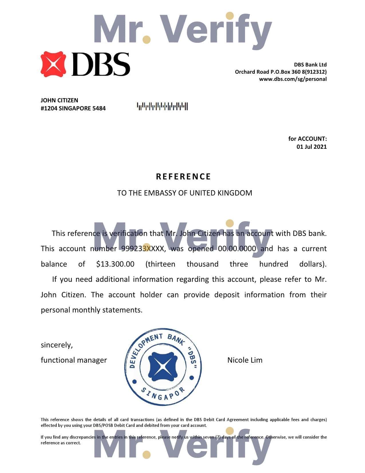 Singapore DBS bank reference letter template in Word and PDF format Singapore DBS bank reference letter template in Word and PDF format