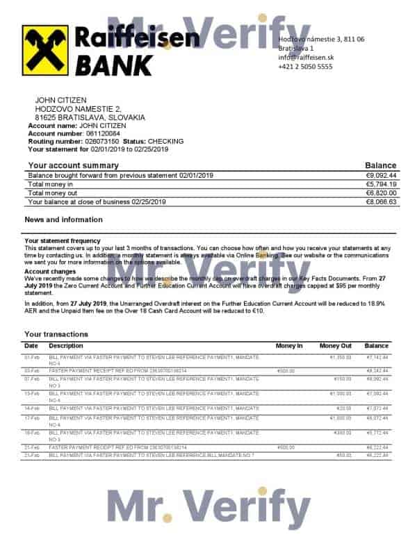 Slovakia Raiffeisen Bank statement template, Word and PDF format (.doc and .pdf)