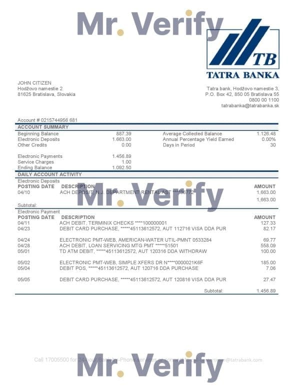 Slovakia Tatra Bank proof of address statement template in Word and PDF format