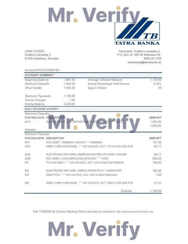 Slovakia Tatra Bank statement easy to fill template in .xls and .pdf file format