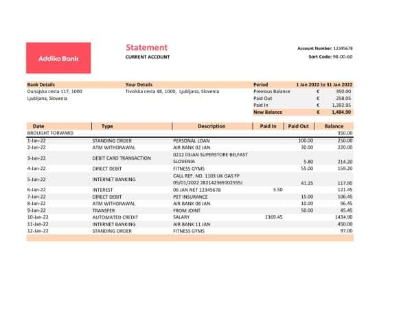 Slovenia Addiko bank statement, Excel and PDF template
