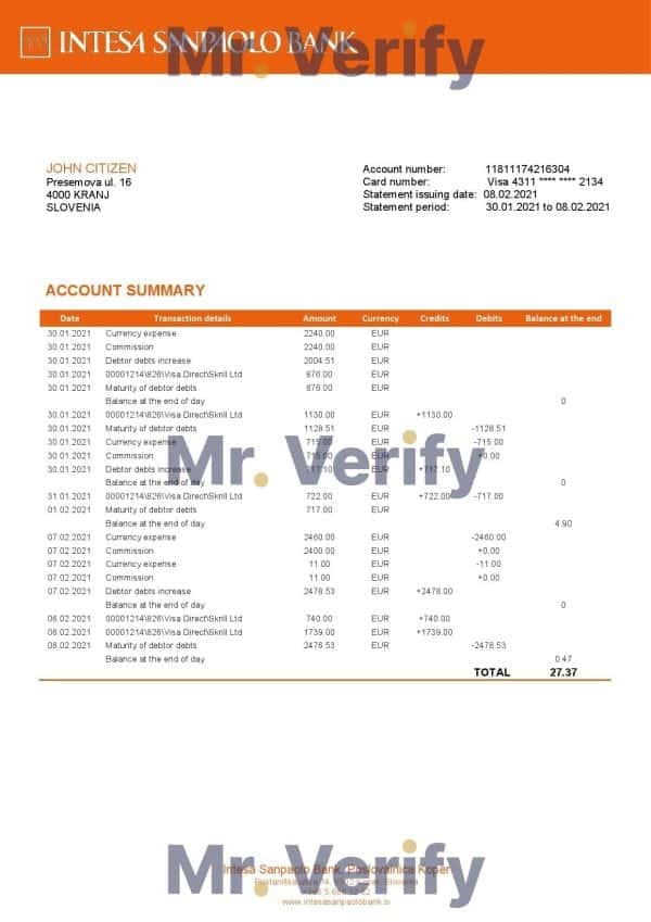 Slovenia Intesa Sanpaolo Bank, Poslovalnica Koper bank statement template in Word and PDF format