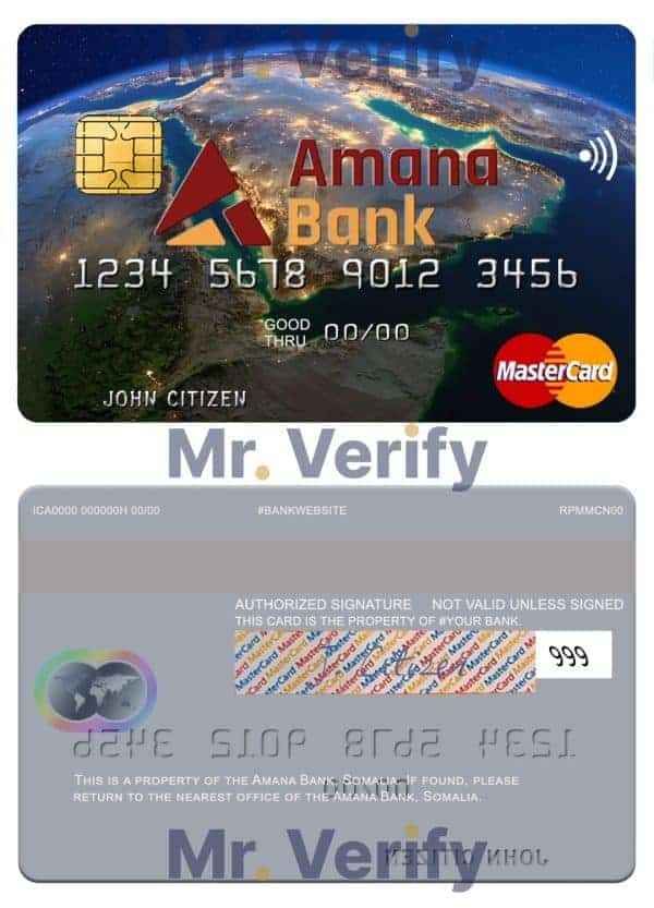 Editable Somalia Amana Bank mastercard credit card Templates