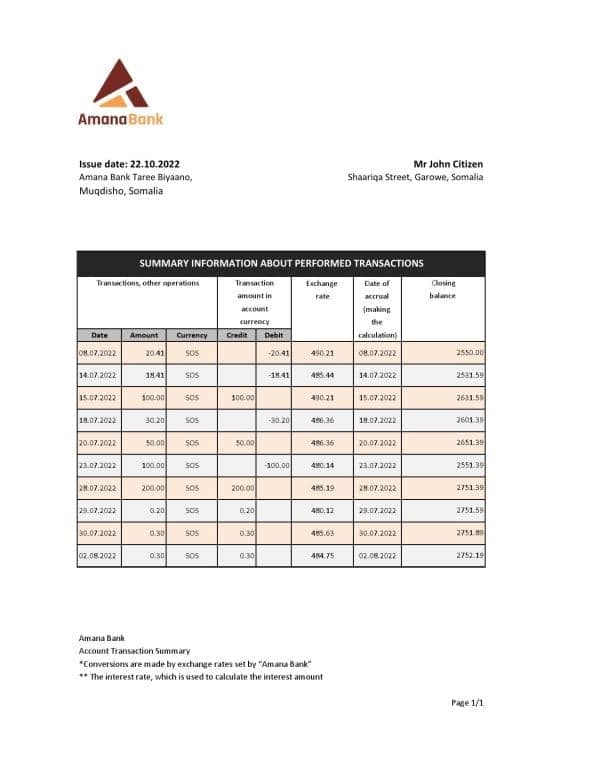 Somalia Amana bank statement, Excel and PDF template