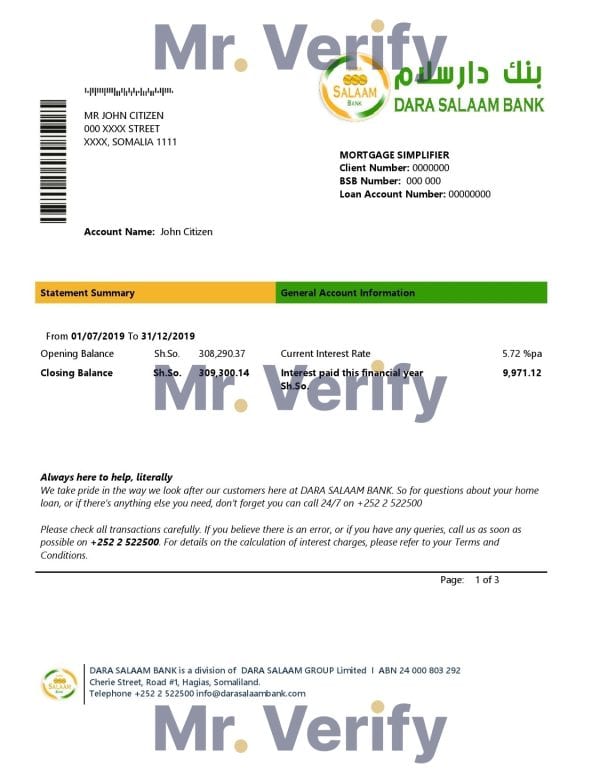 Somalia Dara Salaam Bank statement template in Word and PDF format, good for address prove