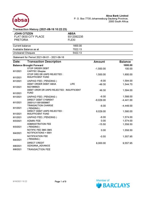 South Africa ABSA bank statement easy to fill template in Excel and PDF format (9 pages)