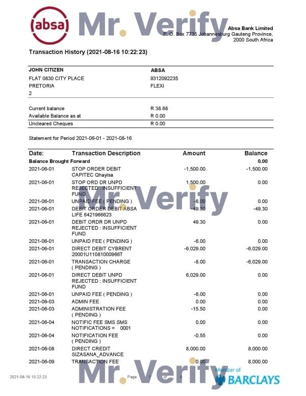 South Africa ABSA bank statement easy to fill template in Word and PDF format (9 pages)