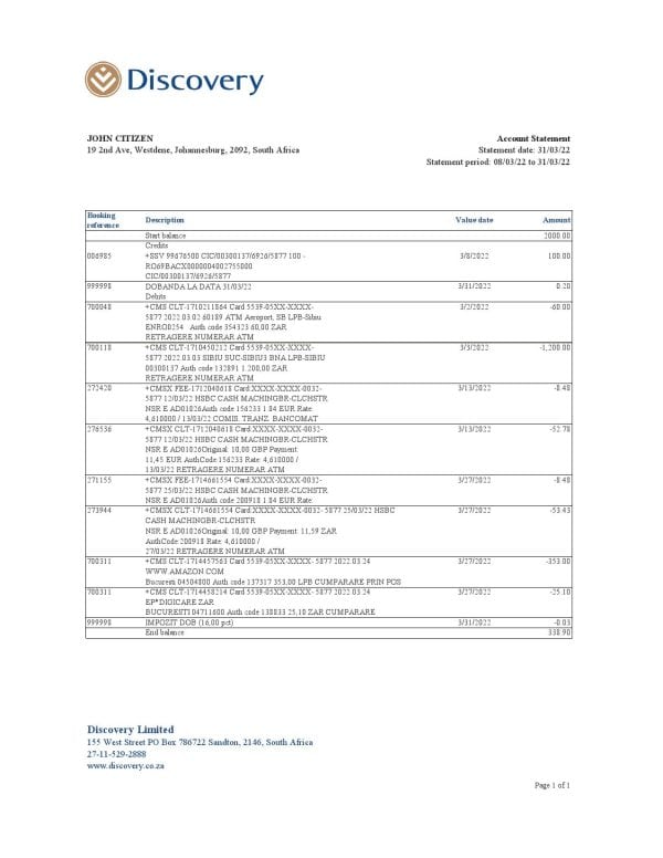 South Africa Discovery bank statement, Excel and PDF template