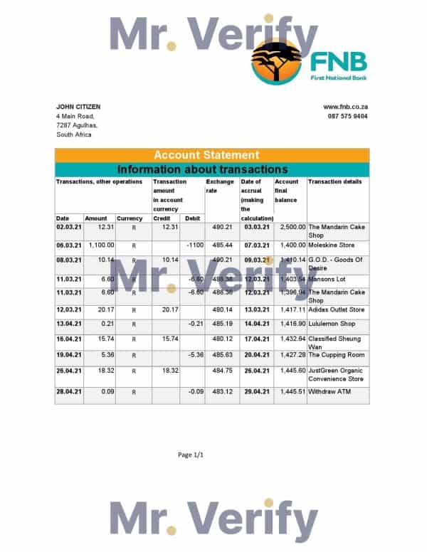 South Africa FNB bank statement easy to fill template in Excel and PDF format