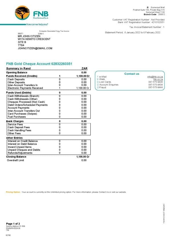 South Africa First National Bank (FNB) bank statement, Word and PDF template, 2 pages