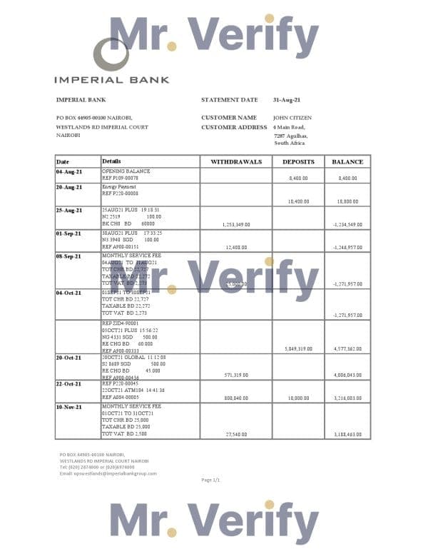 South Africa Imperial Bank statement easy to fill template in .xls and .pdf file format
