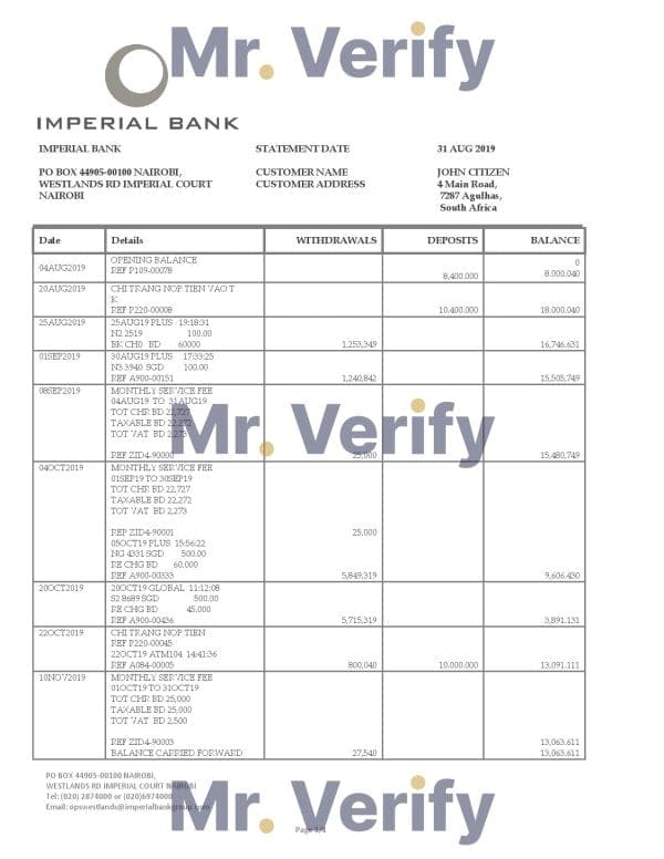 South Africa Imperial Bank statement easy to fill template in Word and PDF format
