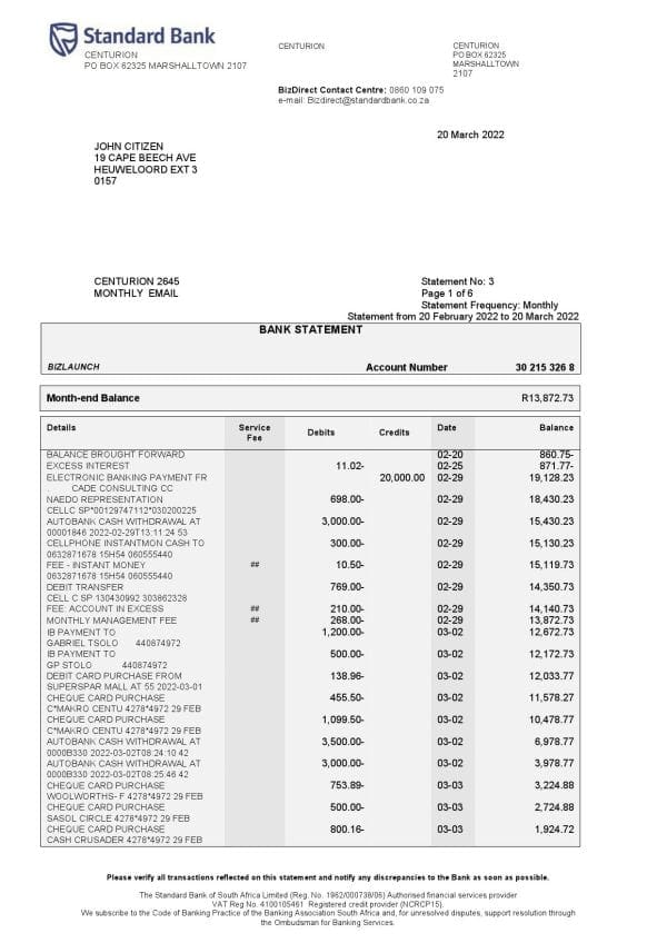 South Africa Standard bank statement, Word and PDF template, 6 pages