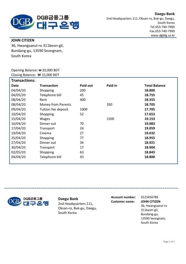 South Korea Daegu bank proof of address statement template in Word and PDF format