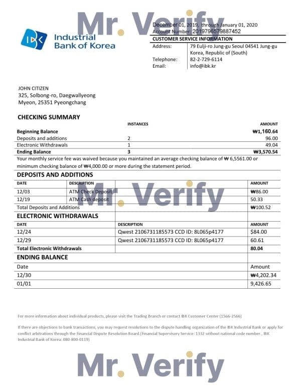 South Korea Industrial Bank of Korea bank statement template in Word and PDF format