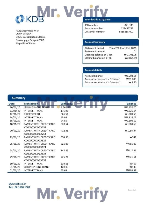 South Korea KDB bank proof of address statement template in Word and PDF format