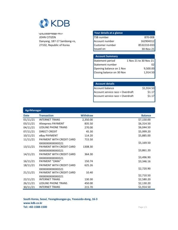 South Korea KDB bank statement easy to fill template in Excel and PDF format