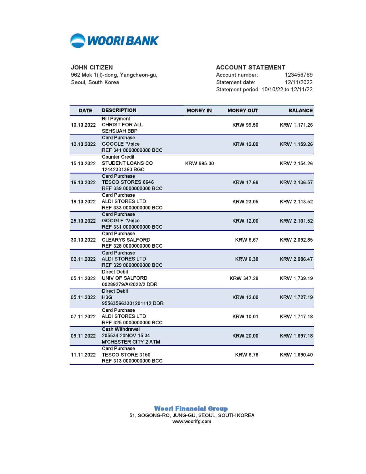 South-Korea-Woori-bank-statement-Excel-and-PDF-template.jpg South Korea Woori bank statement, Excel and PDF template
