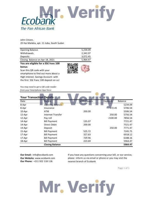 South Sudan Ecobank bank statement easy to fill template in Excel and PDF format
