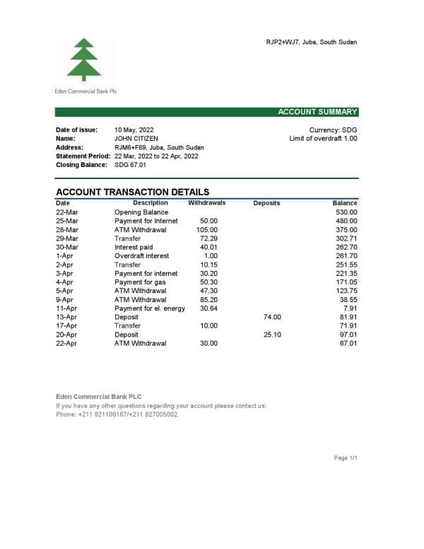 South Sudan Eden Commercial Bank statement, Excel and PDF template