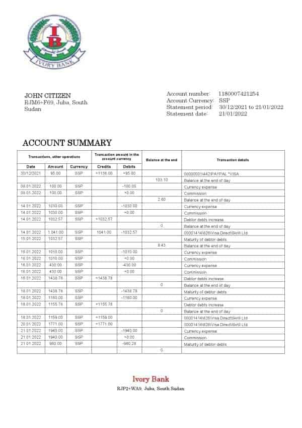 South-Sudan-Ivory-Bank-bank-statement-template-in-Word-and-PDF-format.jpg South Sudan Ivory Bank bank statement template in Word and PDF format