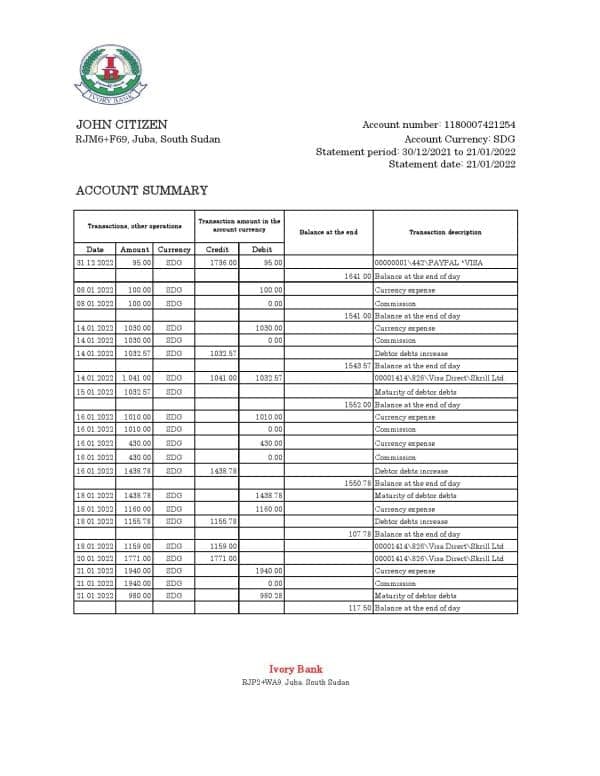 South Sudan Ivory Bank statement, Excel and PDF template
