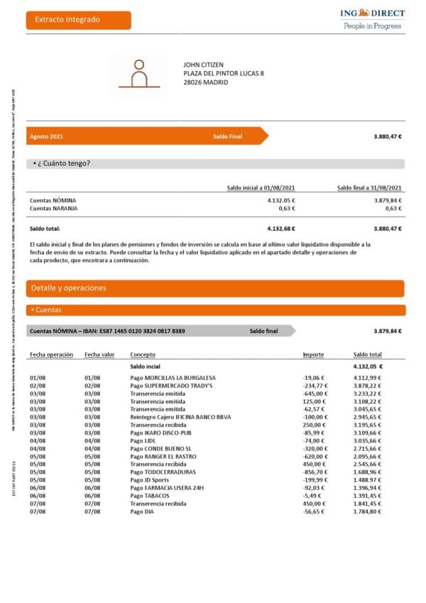 Spain-ING-Direct_000001.jpg Spain ING Direct bank statement template in Word and PDF format, 3 pages