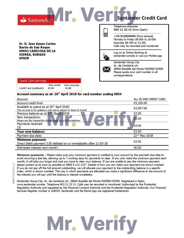Spain Santander credit card proof of address bank statement in Word and PDF format