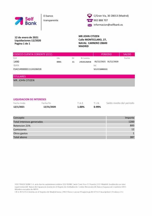 Spain Self Bank proof of address statement template in Excel and PDF format, .xls and .pdf format