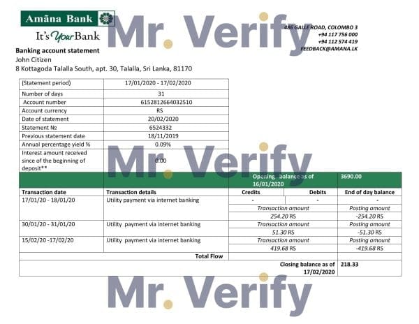 Sri Lanka Amana bank proof of address statement template in Word and PDF format