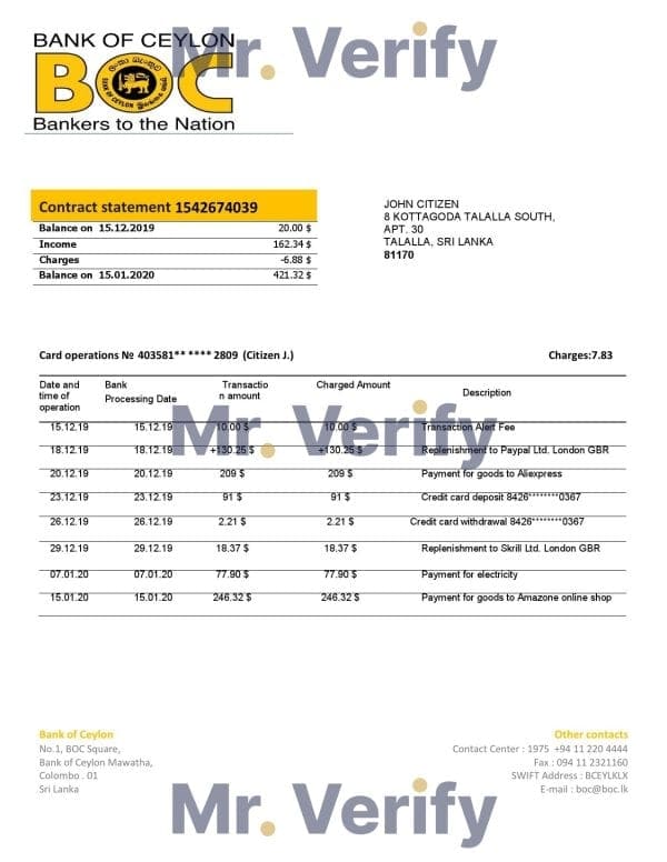 Sri Lanka Bank of Ceylon bank statement template in Word and PDF format, good for address prove
