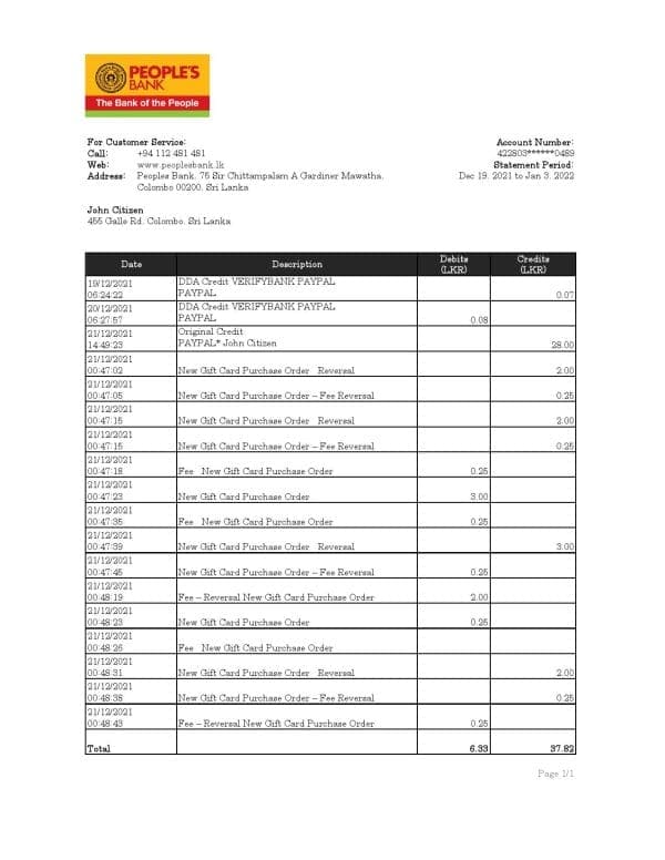 Sri Lanka People’s Bank statement, Excel and PDF template