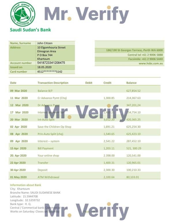 Sudan Saudi Sudanese Bank proof of address statement template in Word and PDF format