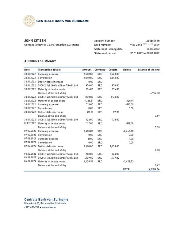 Suriname Centrale Bank Van Suriname bank statement, Excel and PDF template