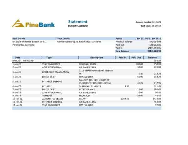 Suriname Finabank bank statement, Excel and PDF template