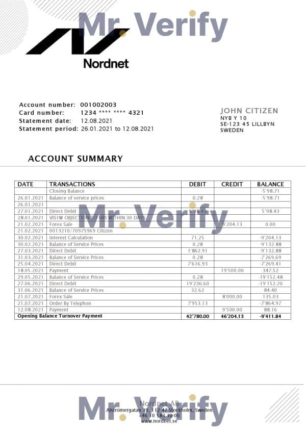 Sweden Nordnet AB bank statement easy to fill template in .doc and .pdf format, fully editable