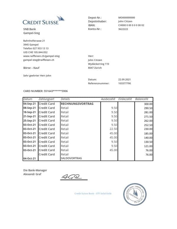 Switzerland Credit Suisse Bank statement easy to fill template in .xls and .pdf file format