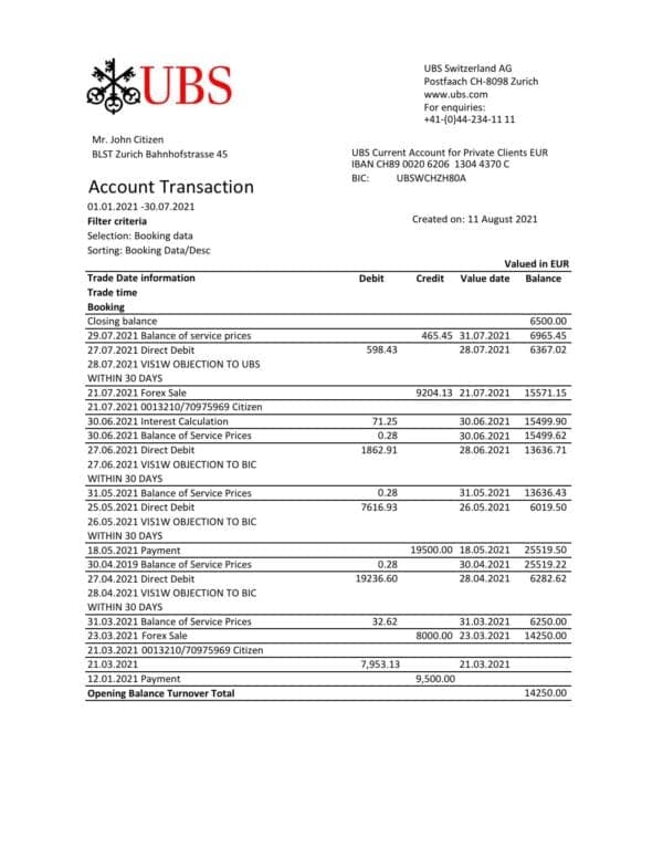 Switzerland UBS Bank statement easy to fill template in Excel and PDF format