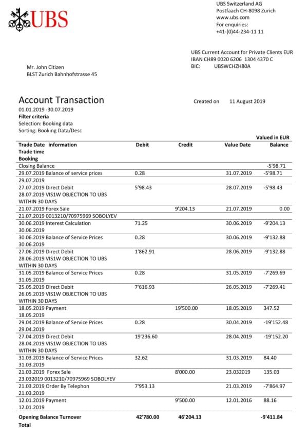 Switzerland UBS bank proof of address statement template in Word and PDF format, version 1