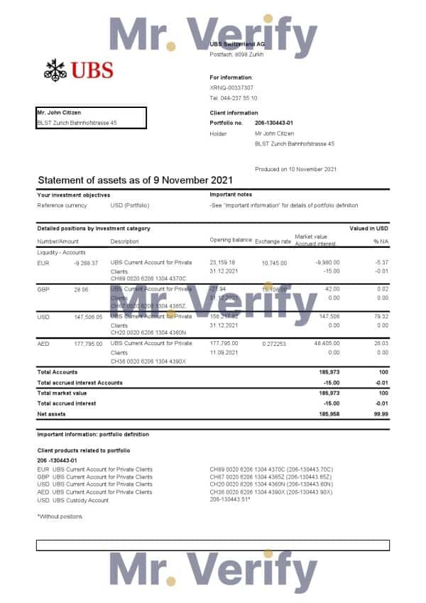 Switzerland UBS bank statement template in .xls and .pdf file format, Version 2