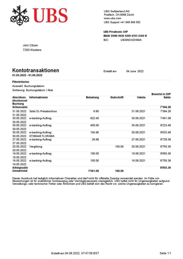 Switzerland-UBS-bank-statement_000001.jpg Switzerland UBS bank statement, Word and PDF template